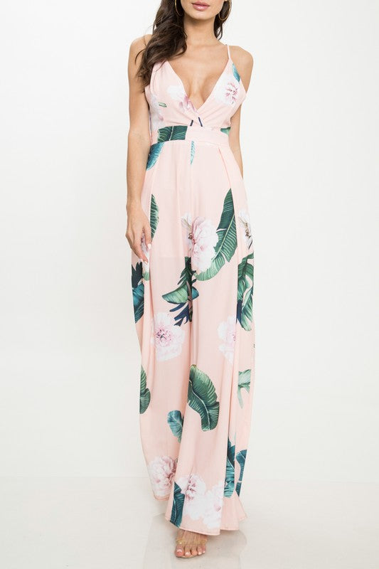 Elegant Strap Multi-Color Floral Print Back Tie-Up Jumpsuit