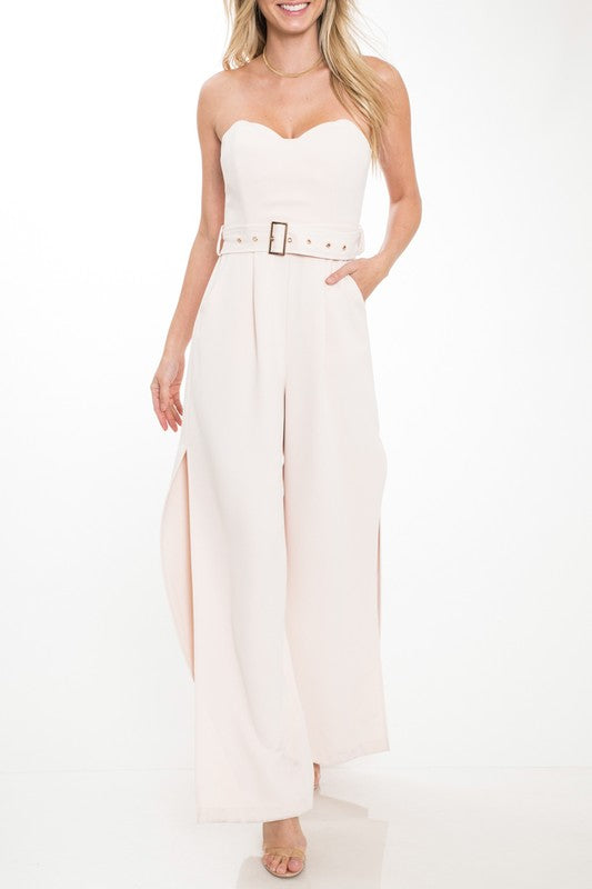 Elegant Strapless Corset Cut Out Beige Jumpsuit with Belt