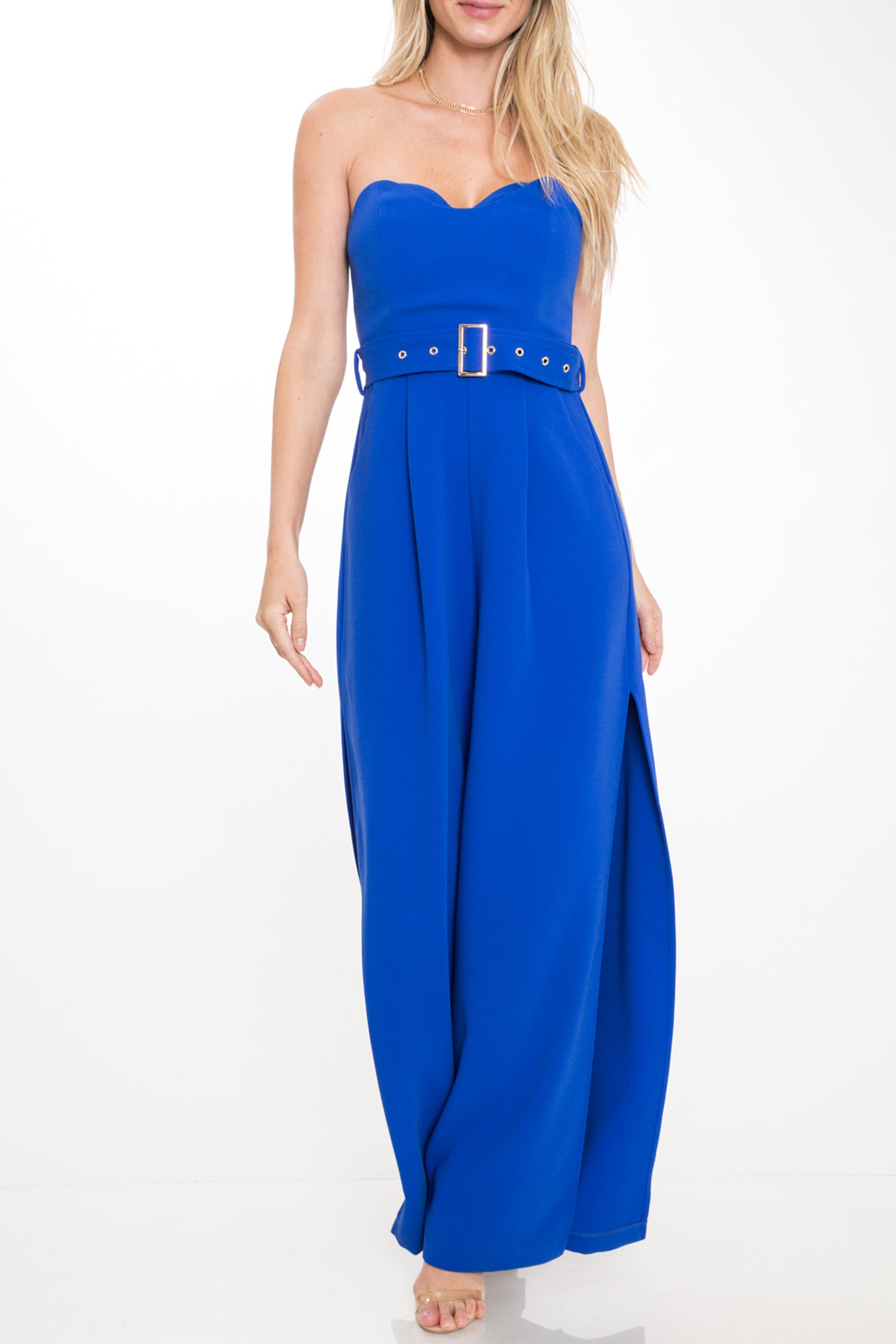 Elegant Strapless Corset Cut Out Blue Jumpsuit with Belt