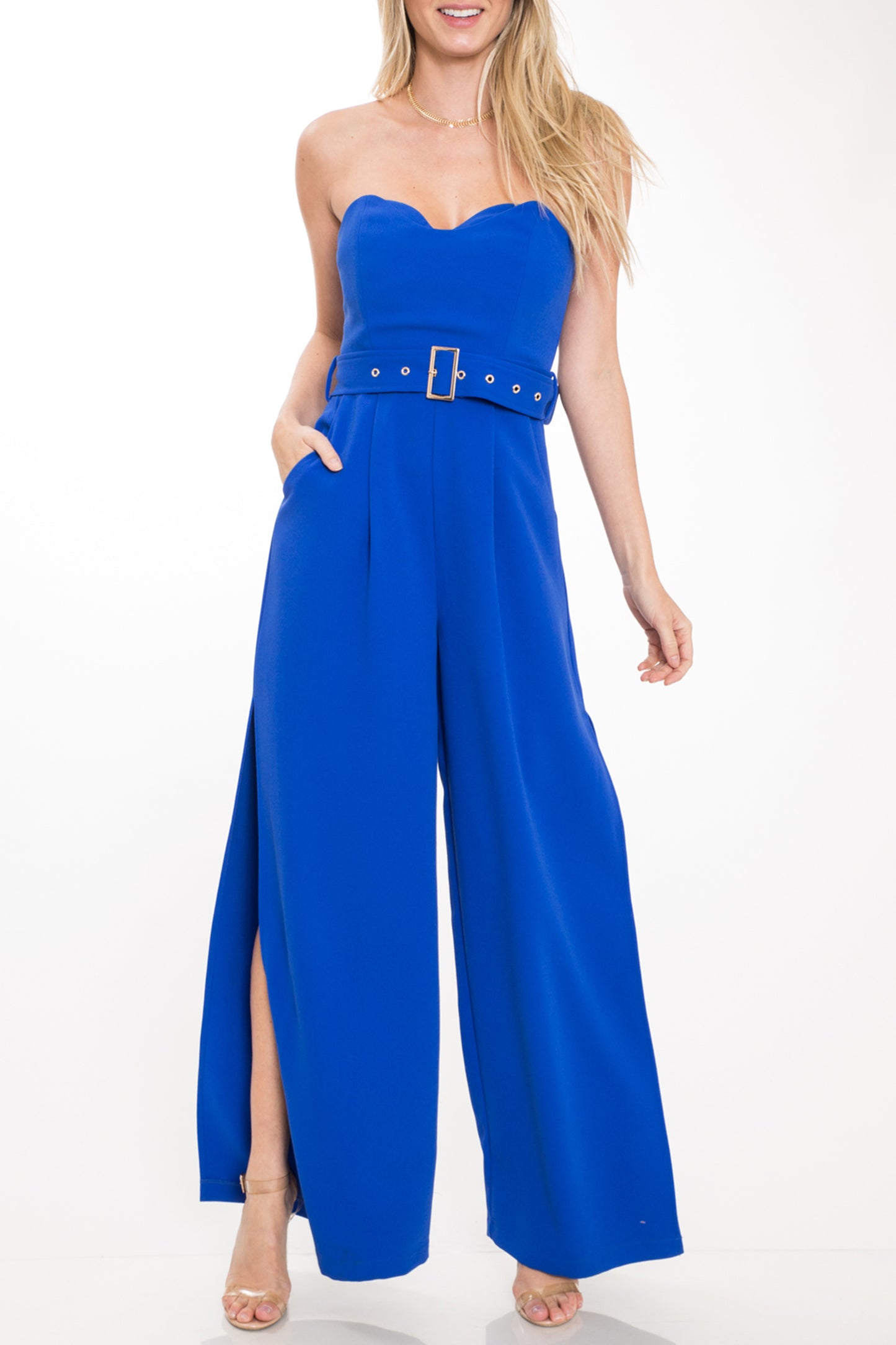 Elegant Strapless Corset Cut Out Blue Jumpsuit with Belt