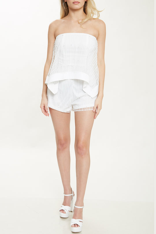 Fashion Satin Ruffle Strapless White Pearl Striped Romper