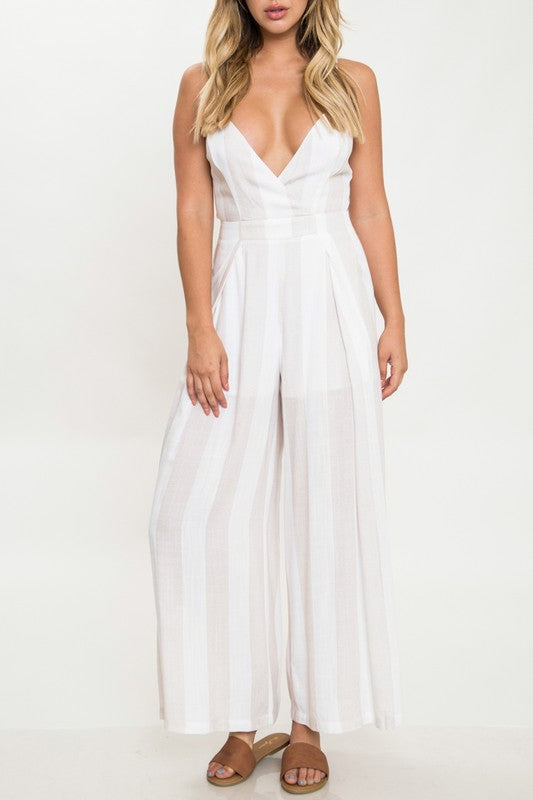 Elegant Beige Striped White Back Tie-Up Jumpsuit