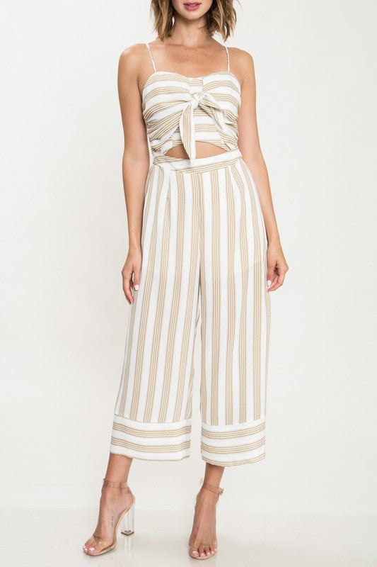 Fashion Summer Strap Beige Marine Front Tie-Up Jumpsuit