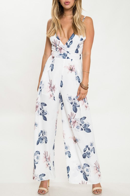 Elegant Strap White Floral Print Back Tie-Up Jumpsuit
