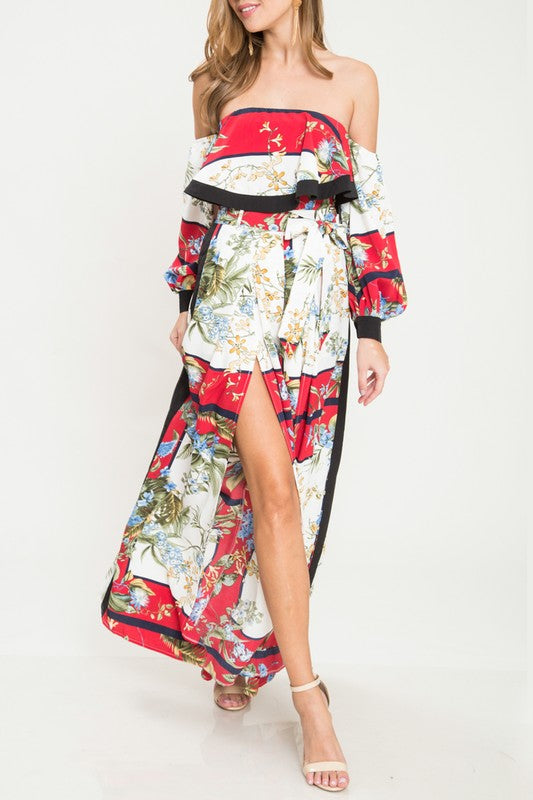 Fashion Off Shoulder Ruffle Multi-Color Scarf Print Cut Out Jumpsuit