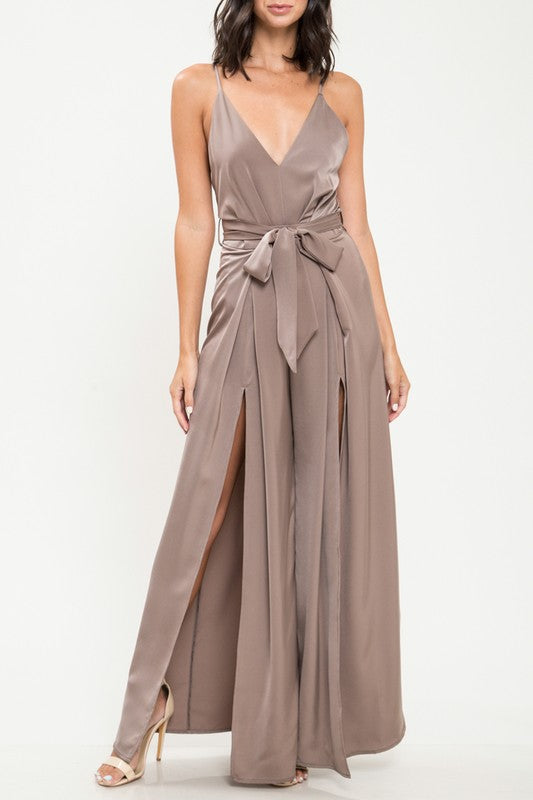 Fashion Strap Cut Out Tie-Up Mocha Satin Jumpsuit