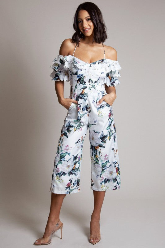 Fashion Off Shoulder Tassel Summer White Floral Print Cropped Jumpsuit