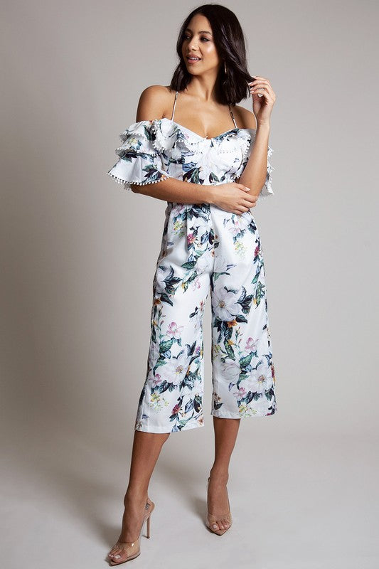 Fashion Off Shoulder Tassel Summer White Floral Print Cropped Jumpsuit