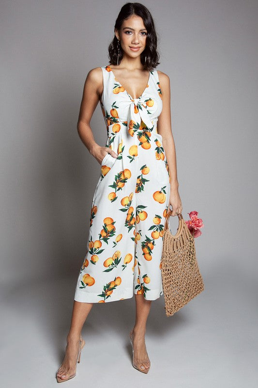 Fashion Summer Ivory Tie-Up Orange Print Cropped Jumpsuit