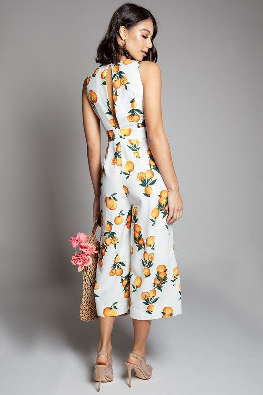 Fashion Summer Ivory Tie-Up Orange Print Cropped Jumpsuit