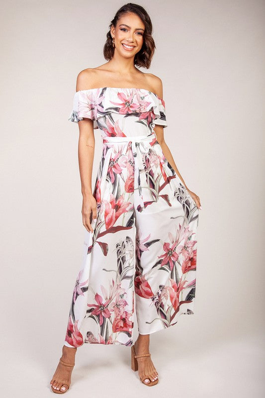 Elegant Pink Off Shoulder Multi-Color Floral Print Ruffle Tie-Up Jumpsuit