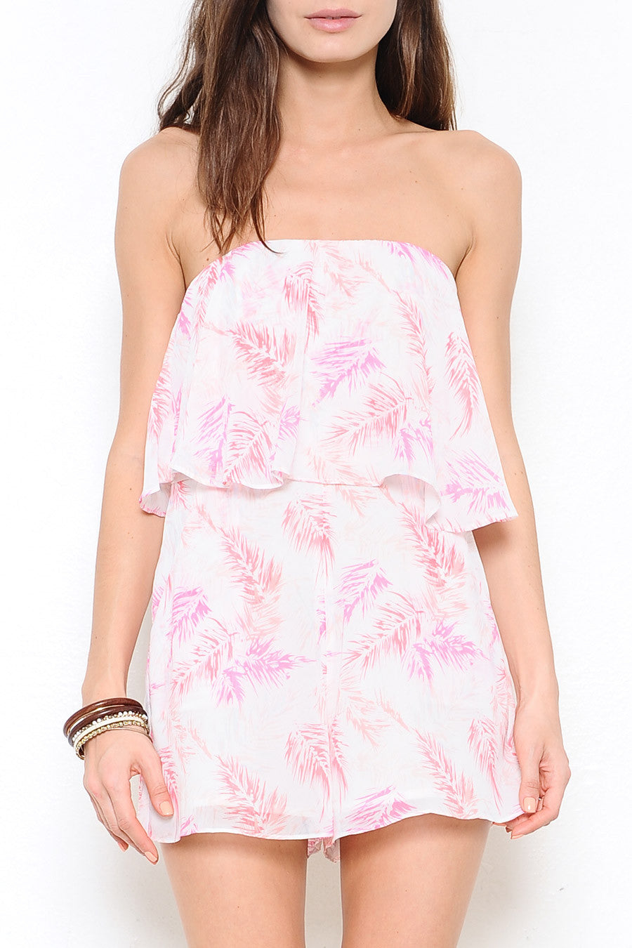 Tropical Print Ruffle Strapless Pink Romper