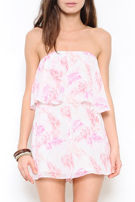 Tropical Print Ruffle Strapless Pink Romper