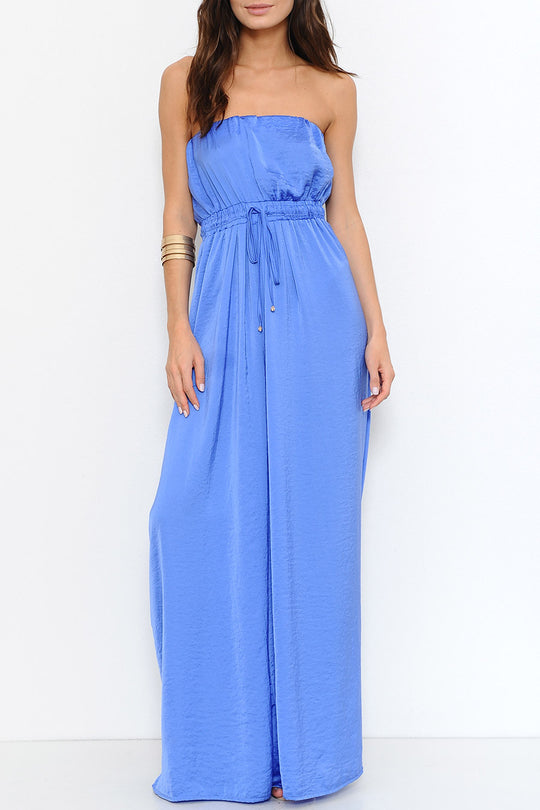 Elegant Strapless Wide Leg Satin Blue Maxi Romper