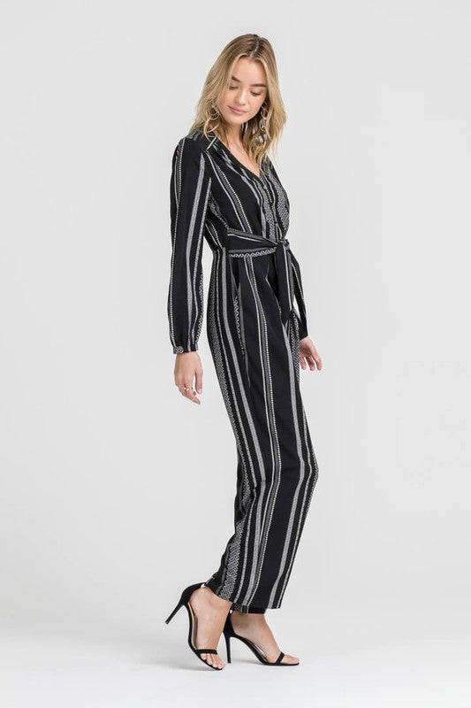 Fashion Black Stripe Contrast Tie-Up Jumpsuit with Long Sleeve