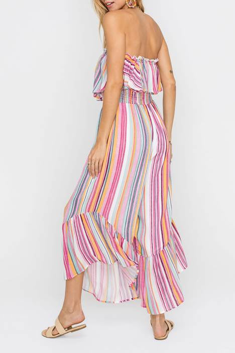 Fashion Pink Multi-Color Stripe Strapless Ruffle Jumpsuit