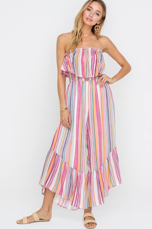 Fashion Pink Multi-Color Stripe Strapless Ruffle Jumpsuit