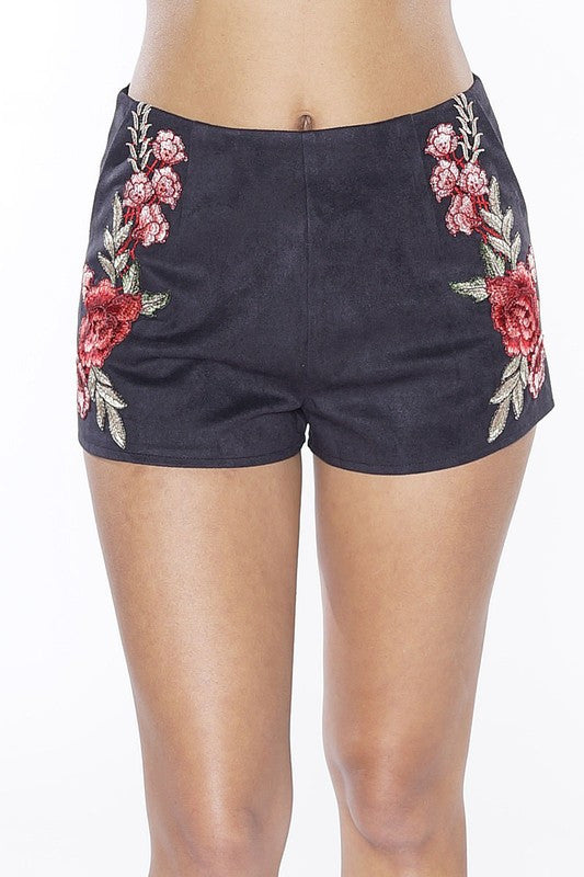 Fashion Rose Embroidery Black Suede Shorts