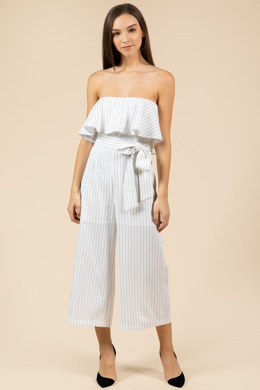 Fashion Strapless Ruffle Tie-Up Off White Contrast Jumpsuit