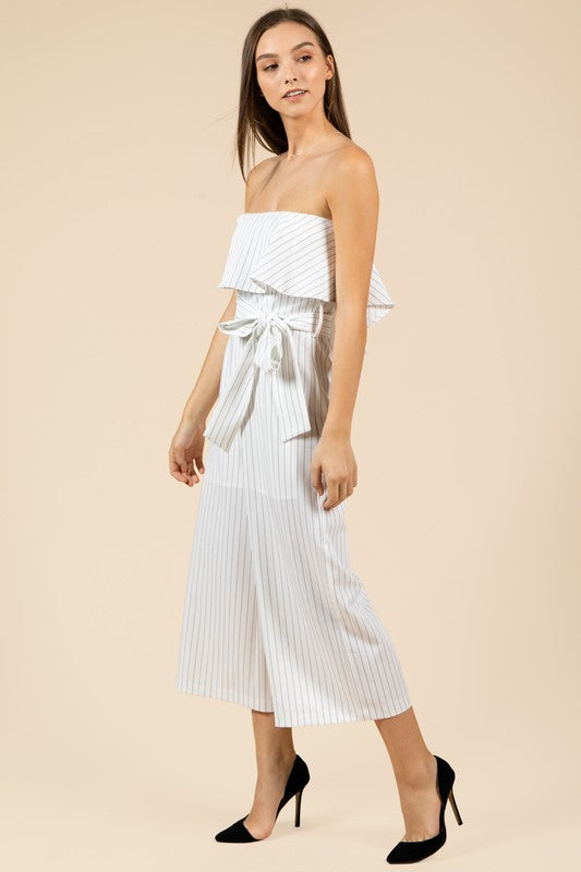Fashion Strapless Ruffle Tie-Up Off White Contrast Jumpsuit
