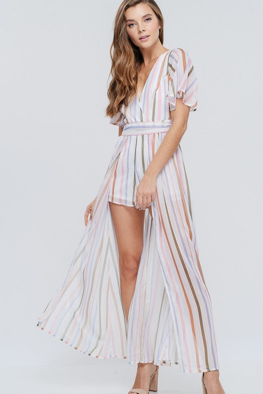 Elegant Off White Multi-Color Striped with Gold Detailed Maxi Romper