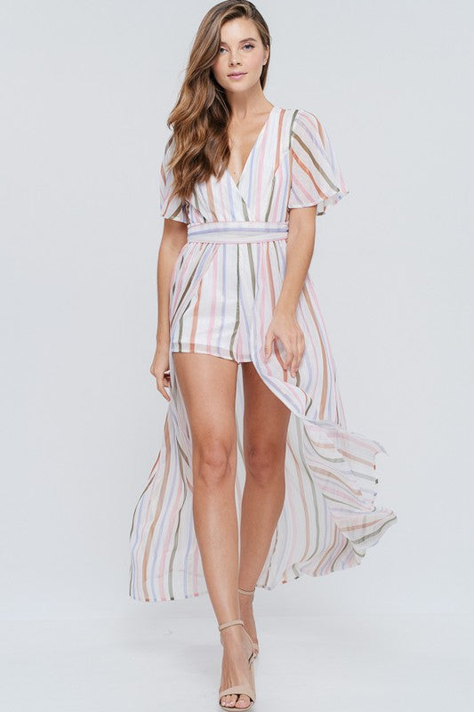 Elegant Off White Multi-Color Striped with Gold Detailed Maxi Romper