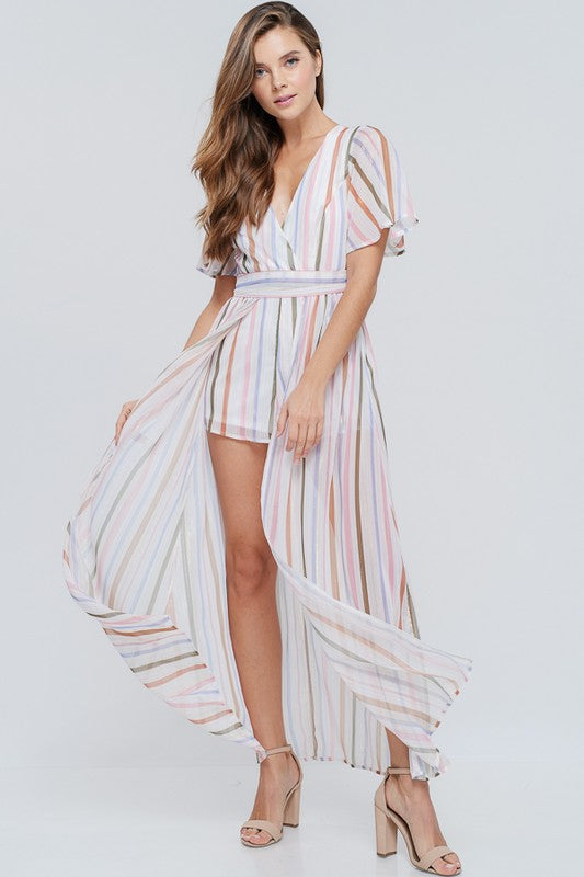 Elegant Off White Multi-Color Striped with Gold Detailed Maxi Romper