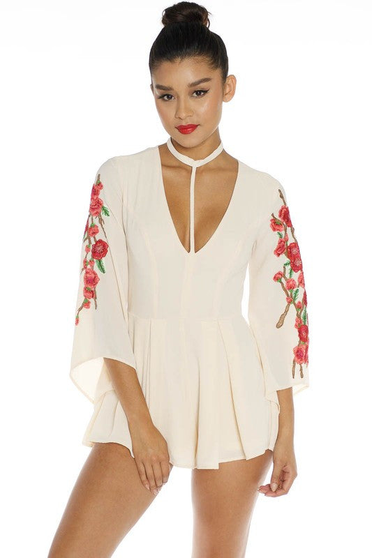 Fashion Rose Embroidery Ivory Choker Romper