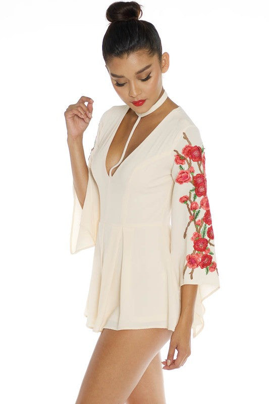Fashion Rose Embroidery Ivory Choker Romper