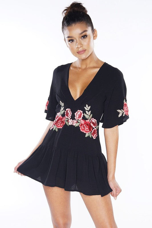 Fashion Rose Embroidery Black Ruffle Romper