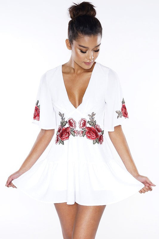 Fashion Rose Embroidery White Ruffle Romper