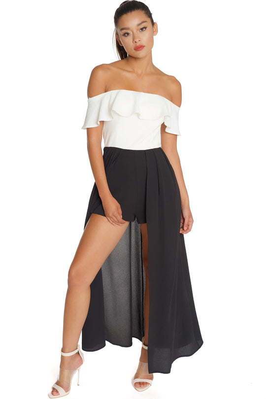 Elegant Off Shoulder White Black Maxi Romper