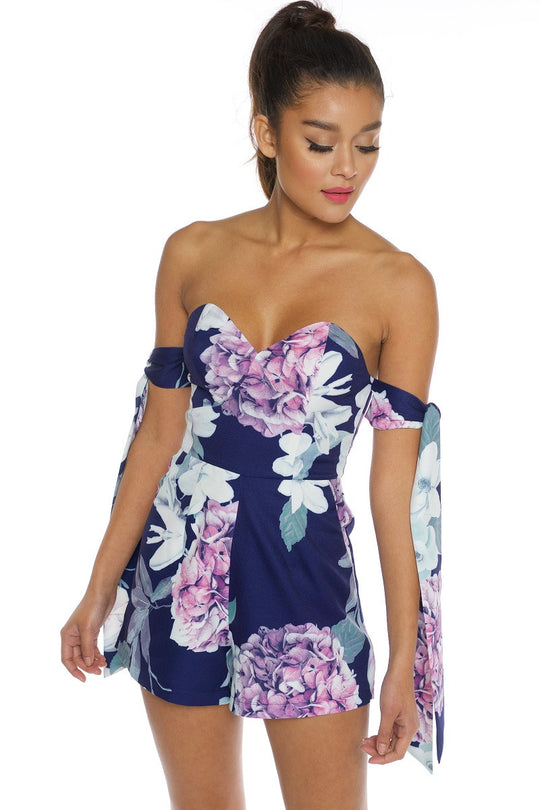 Fashion Off Shoulder Tie Up Floral Print Blue Romper