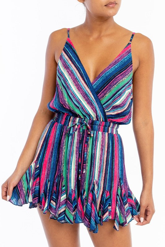 Fashion Strap Ruffle Blue Multi-Color Striped Romper