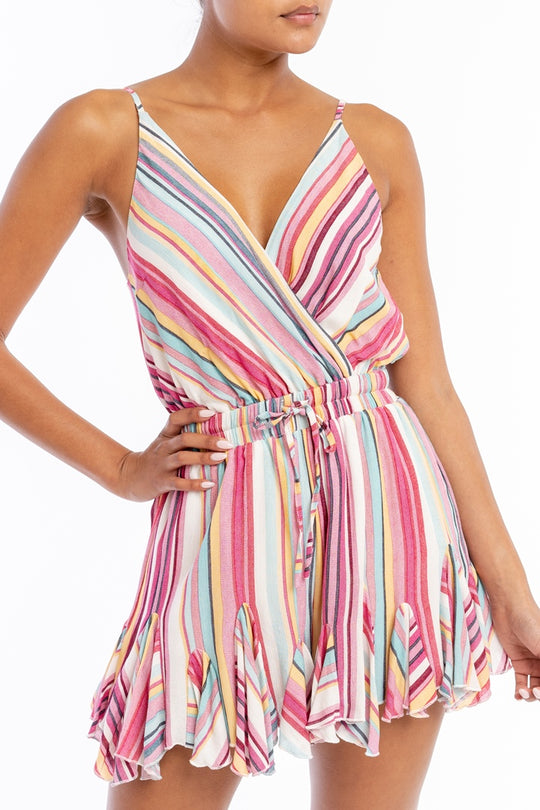 Fashion Strap Ruffle Pink Multi-Color Marine Romper