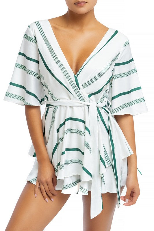 Fashion Resort Green Marine Ruffle Tie-Up Romper