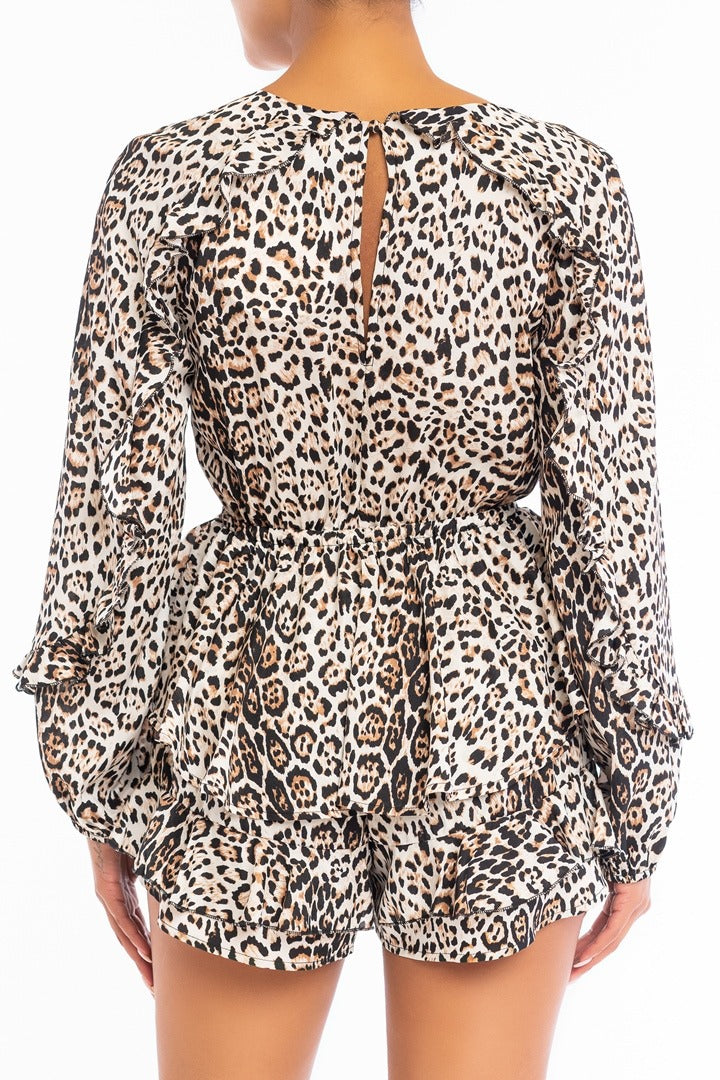 Fashion V-Neck Leopard Print Tie-Up Ruffle Romper with Long Sleeve