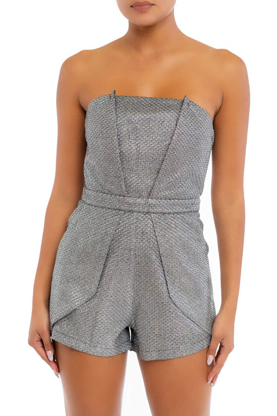 Elegant Strapless Black Silver Glitter Detailed Texture Layered Romper