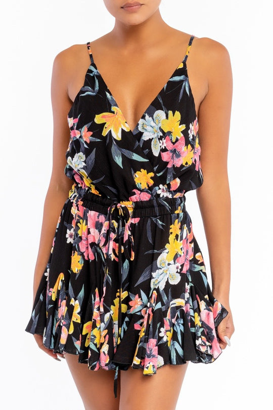 Fashion Strap Ruffle Black Floral Multi-Color Print Romper