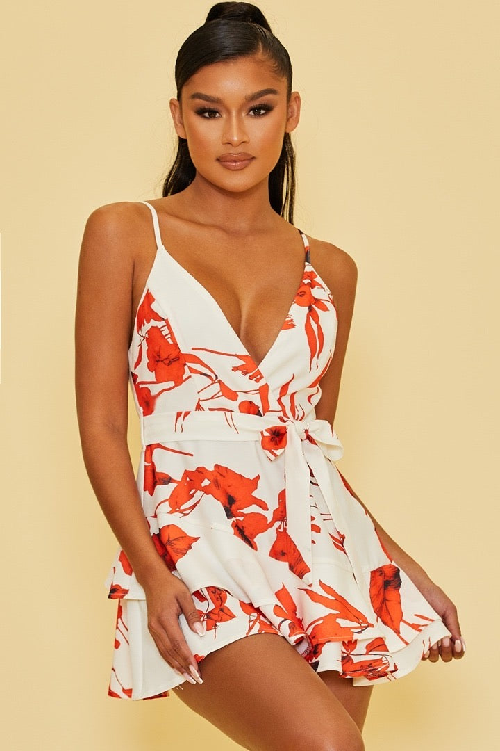Elegant Strap White Red Floral Print Ruffle Tie-Up Layered Romper