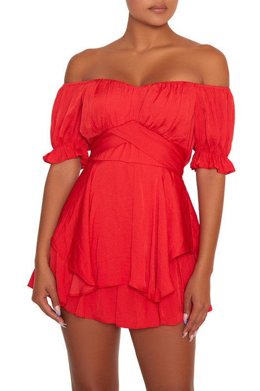 Elegant Off Shoulder Red Tie-Up Ruffle Romper