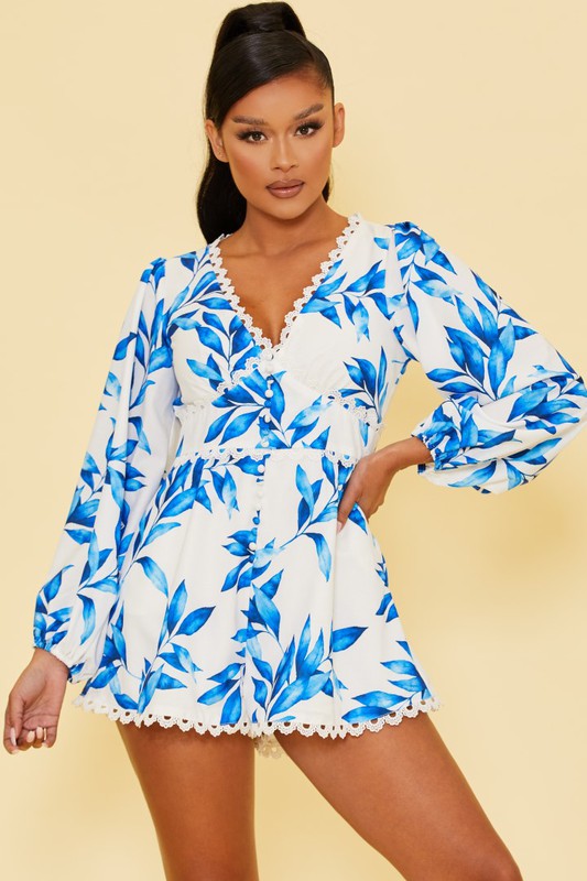 Fashion White Blue Floral Print Lace Romper with Long Sleeve