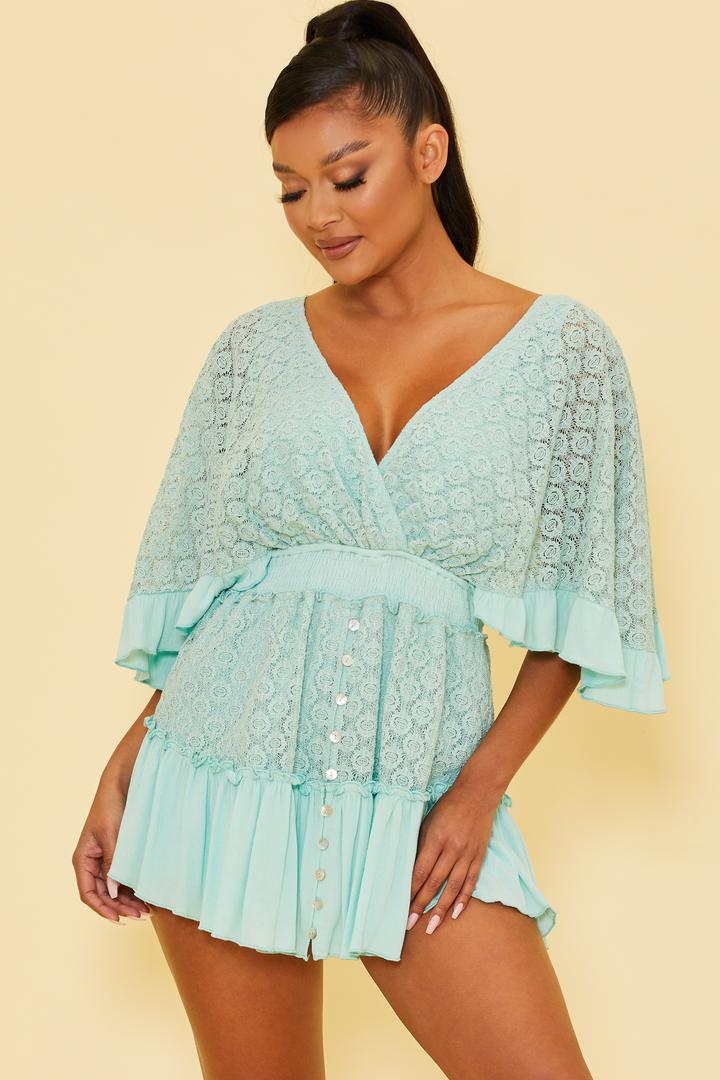 Fashion Mint Lace Detailed Back Tie-Up Romper with Bell Sleeve