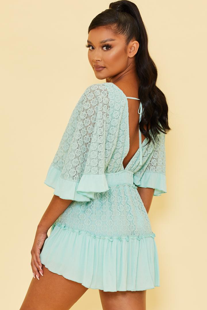 Fashion Mint Lace Detailed Back Tie-Up Romper with Bell Sleeve