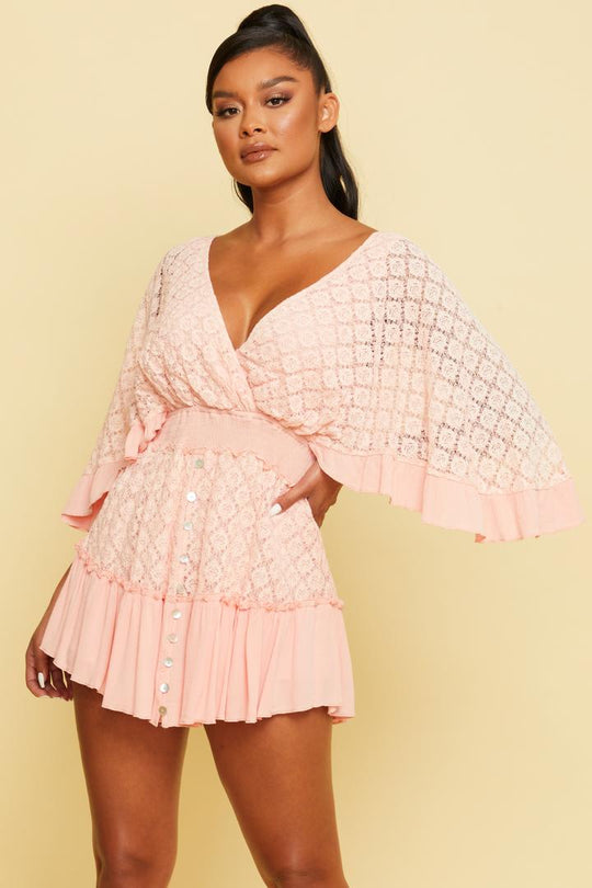Fashion Pink Lace Detailed Back Tie-Up Romper with Bell Sleeve