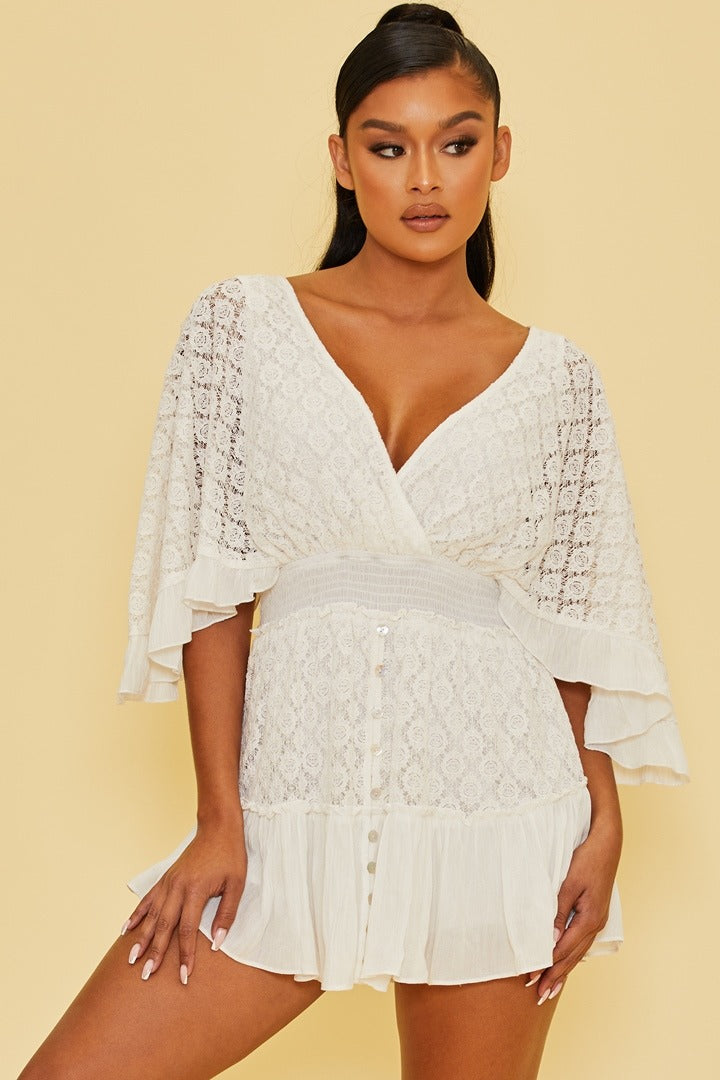 Fashion White Lace Detailed Back Tie-Up Romper with Bell Sleeve