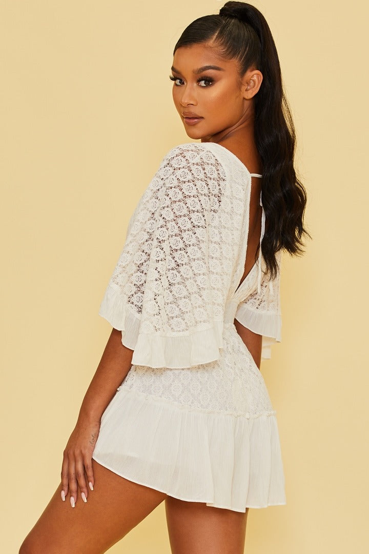 Fashion White Lace Detailed Back Tie-Up Romper with Bell Sleeve