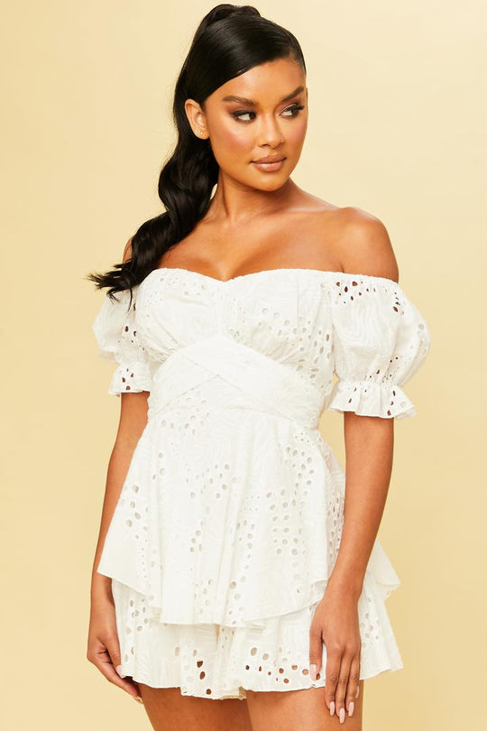 Fashion Off Shoulder White Lace Eyelet Ruffle Romper