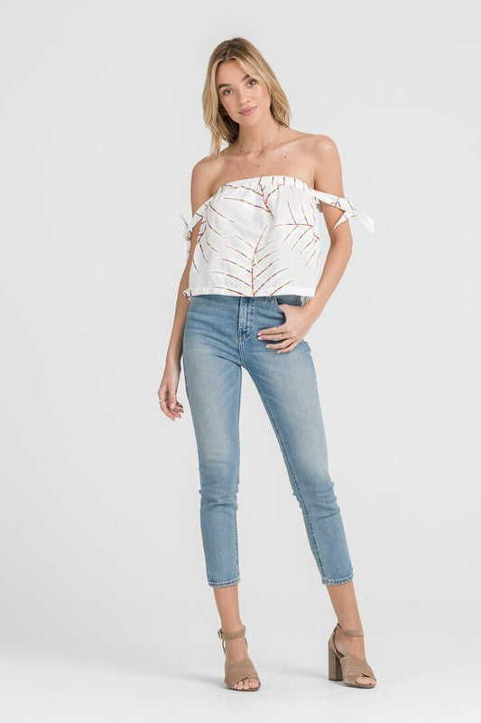 Fashion Off Shoulder Tie-Up Floral Embroidery White Top