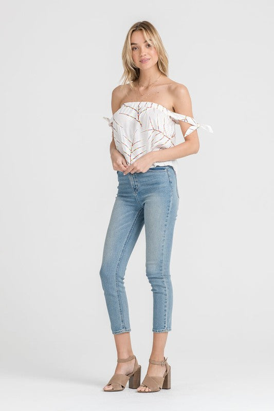 Fashion Off Shoulder Tie-Up Floral Embroidery White Top